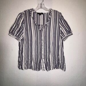 Velvet Heart Striped Button Front Ruffle V Neck Short Sleeve Blouse Top Large
